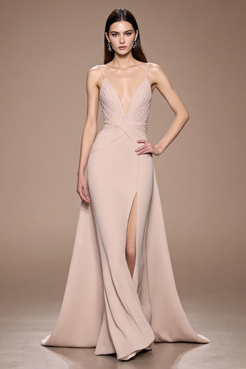 Champagne A Line Satin Ruched Maxi Formal Dress with Slit